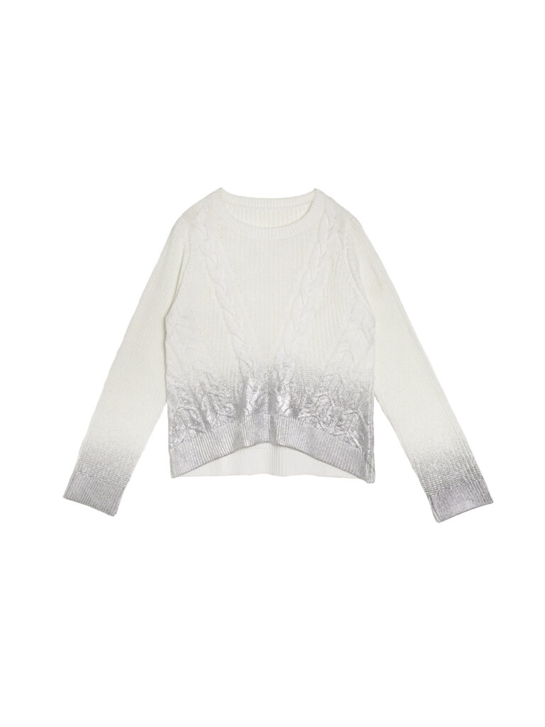 Metallic foil print cable -knit sweater